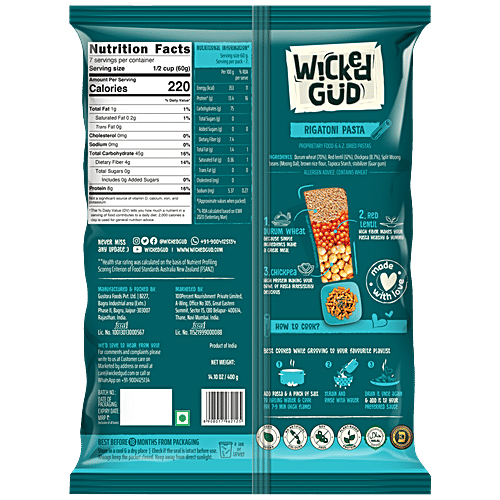 WickedGud Rigatoni Pasta - Goodness Of Durum Wheat, Red Lentil & Chickpea, Rich In Fibre, Protein, 400 g  