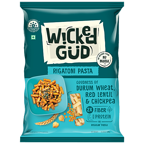 WickedGud Rigatoni Pasta - Goodness Of Durum Wheat, Red Lentil & Chickpea, Rich In Fibre, Protein, 400 g  