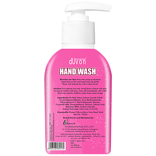 Duvon Disney Handwash - Berry Care, For Girl Kids, Paraben/Sulphate Free, Dermatologically Tested, 250 ml  