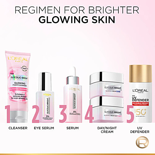 L'Oreal Paris Glycolic Bright Glowing Day Cream - SPF 17, For Dark Spot Reduction & Even Toned Skin, 15 ml