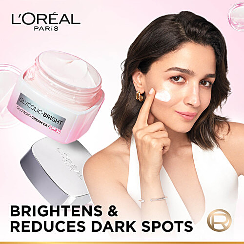 L'Oreal Paris Glycolic Bright Glowing Day Cream - SPF 17, For Dark Spot Reduction & Even Toned Skin, 15 ml