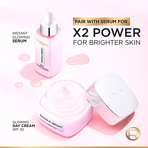 L'Oreal Paris Glycolic Bright Glowing Day Cream - SPF 17, For Dark Spot Reduction & Even Toned Skin, 15 ml