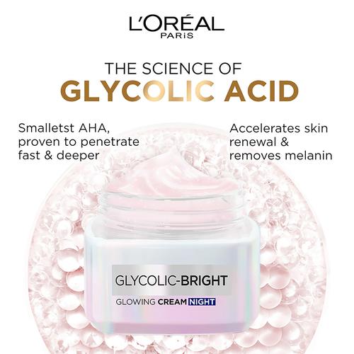 Loreal Paris Glycolic Bright Glowing Night Cream - For Dark Spot Removal & Glowing Skin, 50 ml  