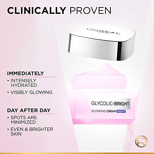 L'Oreal Paris Glycolic Bright Glowing Night Cream - For Dark Spot Removal & Glowing Skin, 50 ml  