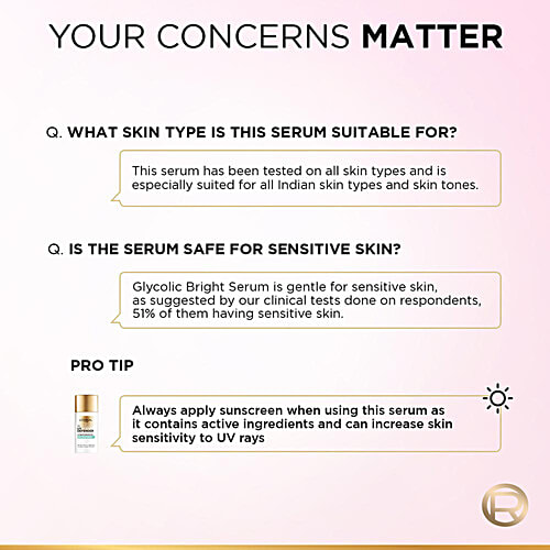 L'Oreal Paris Glycolic Bright 8% [Melasyl + Niacinamide] Face Serum for Brightening Dark Spots, 15 ml  Glycolic Bright 8% Melasyl + Glycolic + Niacinamide Face Serum For Dark Spot & Brightening