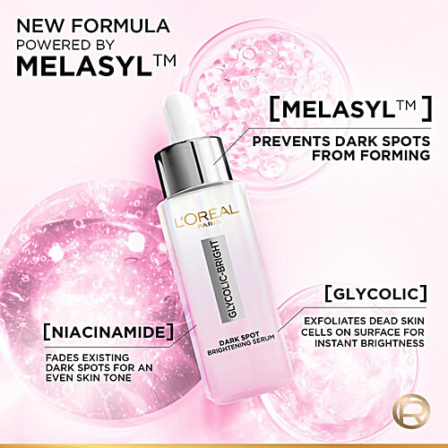 L'Oreal Paris Glycolic Bright 8% [Melasyl + Niacinamide] Face Serum for Brightening Dark Spots, 15 ml  Glycolic Bright 8% Melasyl + Glycolic + Niacinamide Face Serum For Dark Spot & Brightening
