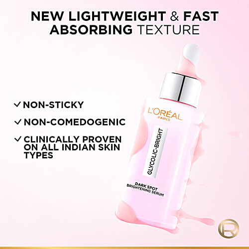 L'Oreal Paris Glycolic Bright 8% [Melasyl + Niacinamide] Face Serum for Brightening Dark Spots, 15 ml  Glycolic Bright 8% Melasyl + Glycolic + Niacinamide Face Serum For Dark Spot & Brightening