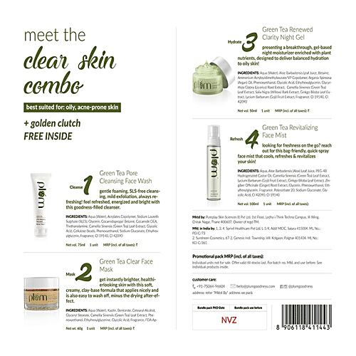 Plum Green Tea Glow Pack Gift Set - Face Wash, Face Mask, Night Cream, Face Mist & Golden Clutch, 4 pcs  