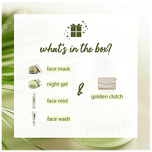 Plum Green Tea Glow Pack Gift Set - Face Wash, Face Mask, Night Cream, Face Mist & Golden Clutch, 4 pcs  