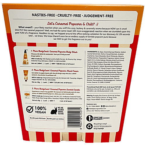 Plum BodyLovin' Caramel Popcorn & Chill Gift Kit - Body Wash, Hand Cream & Scented Candle, 3 pcs