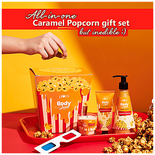 Plum BodyLovin' Caramel Popcorn & Chill Gift Kit - Body Wash, Hand Cream & Scented Candle, 3 pcs