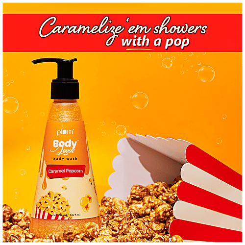 Plum BodyLovin' Caramel Popcorn & Chill Gift Kit - Body Wash, Hand Cream & Scented Candle, 3 pcs