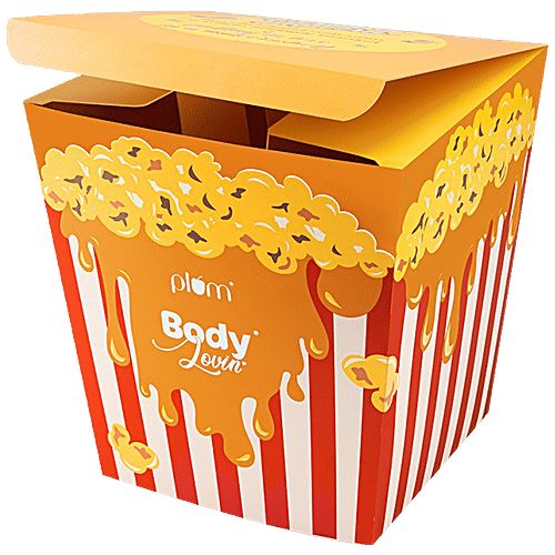 Plum BodyLovin' Caramel Popcorn & Chill Gift Kit - Body Wash, Hand Cream & Scented Candle, 3 pcs