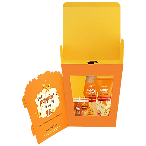 Plum BodyLovin' Caramel Popcorn & Chill Gift Kit - Body Wash, Hand Cream & Scented Candle, 3 pcs