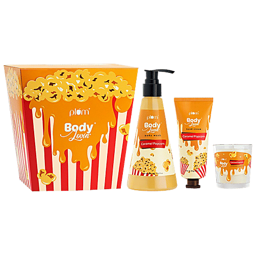Plum BodyLovin' Caramel Popcorn & Chill Gift Kit - Body Wash, Hand Cream & Scented Candle, 3 pcs