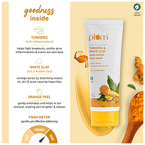 Plum Turmeric & White Clay Acne Action Face Wash - Fights Acne & Controls Excess Oil, 100 ml