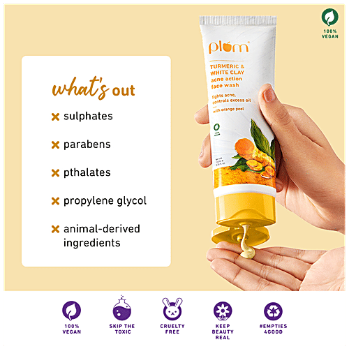 Plum Turmeric & White Clay Acne Action Face Wash - Fights Acne & Controls Excess Oil, 100 ml