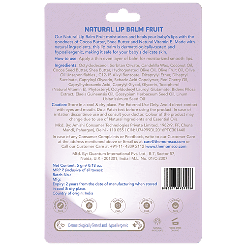 The Moms Co Natural Lip Balm - Cocoa & Shea Butter, Heals Dry, Chapped Lips, Fruit, 5 g  