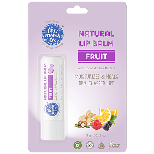 The Moms Co Natural Lip Balm - Cocoa & Shea Butter, Heals Dry, Chapped Lips, Fruit, 5 g  