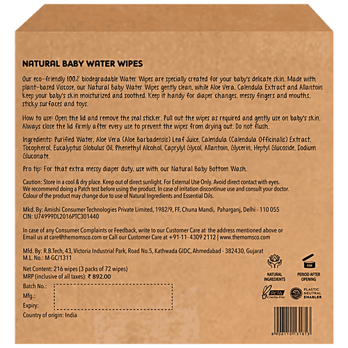 The Moms Co Natural Baby Water Wipes - Aloe Vera & Calendula Extract, Prevents Rashes, Nourishes Skin, 72 pcs (Pack of 3) 