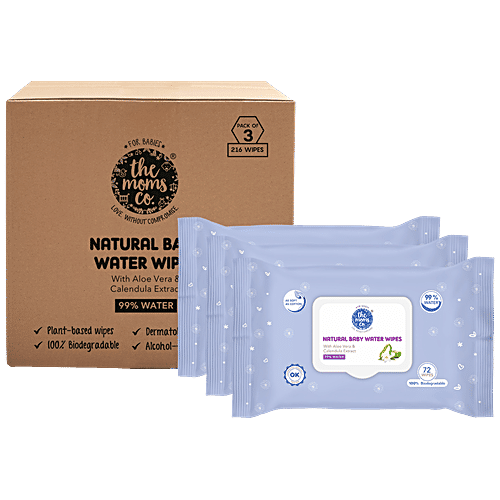 The Moms Co Natural Baby Water Wipes - Aloe Vera & Calendula Extract, Prevents Rashes, Nourishes Skin, 72 pcs (Pack of 3) 