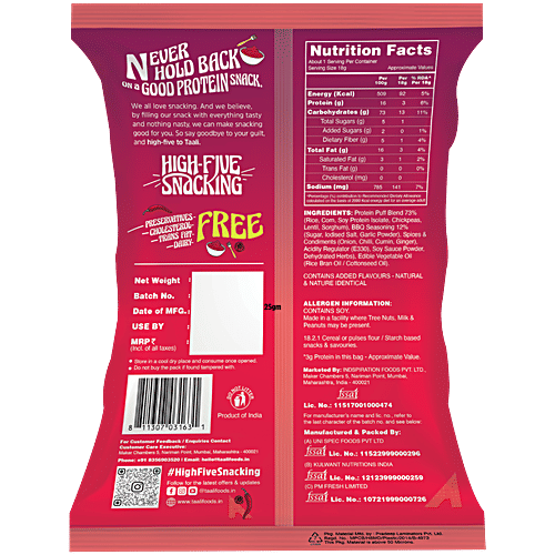 Taali Smoky Barbeque Protein Puffs, 22 g Pouch Roasted, Non-Fried, Gluten Free