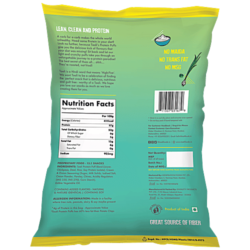 Taali Cream & Onion Protein Puffs, 22 g Pouch Roasted, Non-Fried, Gluten Free