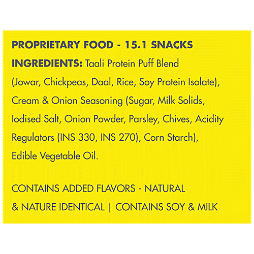 Taali Cream & Onion Protein Puffs, 22 g Pouch Roasted, Non-Fried, Gluten Free