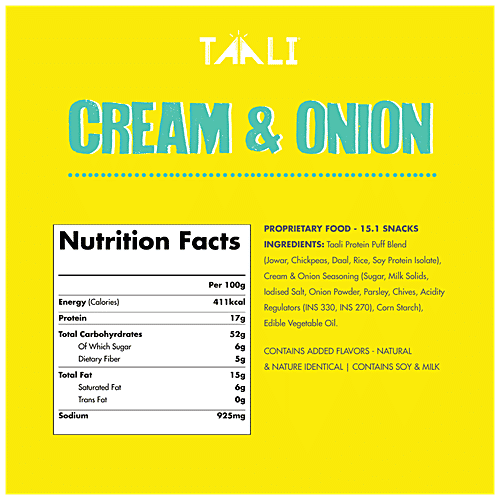 Taali Cream & Onion Protein Puffs, 22 g Pouch Roasted, Non-Fried, Gluten Free