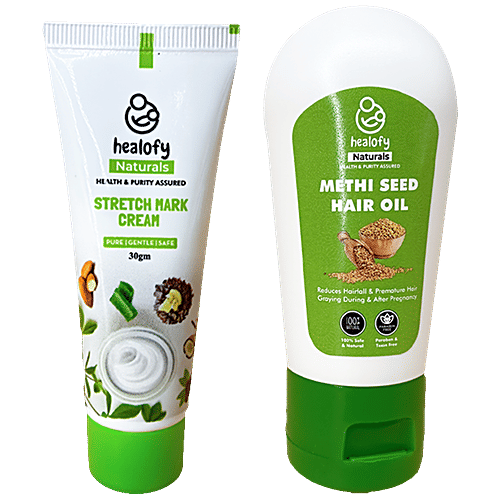Healofy Naturals  Mini Mother Care Kit - Stretch Mark Cream, 30 g & Methi Hair Oil 30 ml, Paraben & Toxin Free, 2 pcs  
