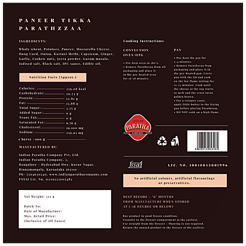 INDIAN PARATHA COMPANY Veg Base Paneer Tikka Parathzzaa - Indian Version Of Pizza, 325 g Box 