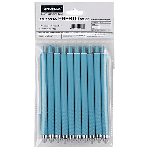 Unomax Ultron Presto Neo Retractable Ball Pen - Jet Ink, For Smooth Writing, 0.7 mm, Blue, 10 pcs  