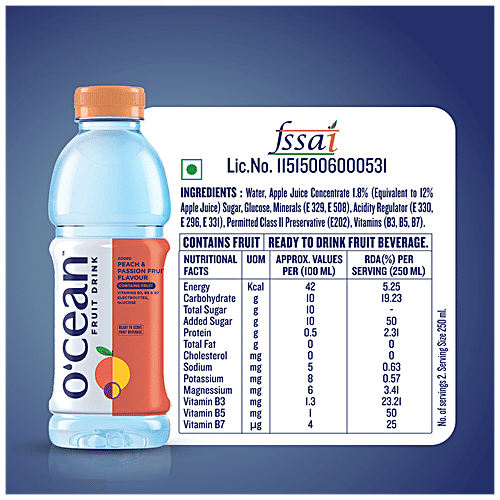 Ocean Fruit Water - Peach & Passion Fruit, Enriched With Vitamins, Electrolytes & Glucose, 300 ml  