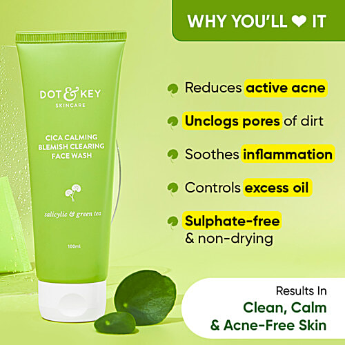 Dot & Key CICA Calming Blemish Clearing Face Wash - Salicylic & Green Tea, Reduces Acne, 100 ml  