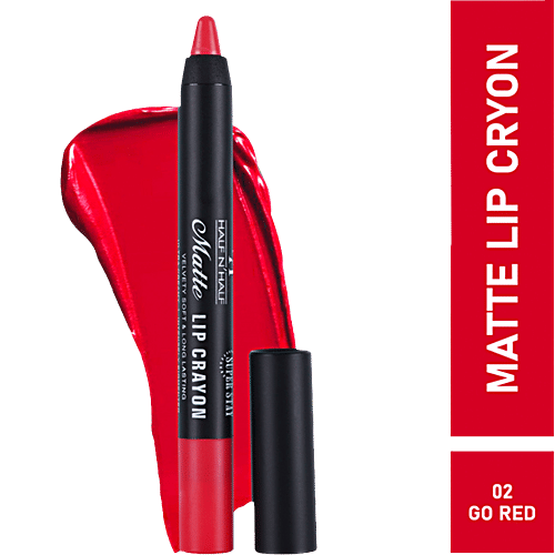 Half N Half Matte Lip Crayon - 24H Super Stay, Velvety Soft, Long-Lasting & Non-Transfer, 3.5 g 02 Go Red 