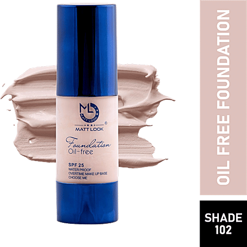 Mattlook Oil-Free Foundation - SPF-25, Waterproof, Overtime Makeup Base, 30 ml Shade 102