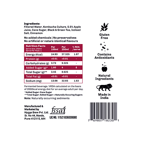 Umami Brew Sparkling Kombucha - Apple Cinnamon, Low Calorie, Antioxidant Rich, 250 ml  Low Calorie, Gut-friendly, Refreshing