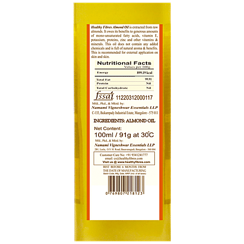 Healthy Fibres Premia Cold Pressed Sweet Almond Oil - Natural & Chemical Free, 100 ml