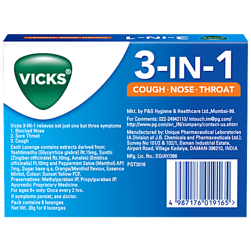 Buy Vicks 3 In 1 Throat Lozenges For Cough Orange Menthol, 8 pcs