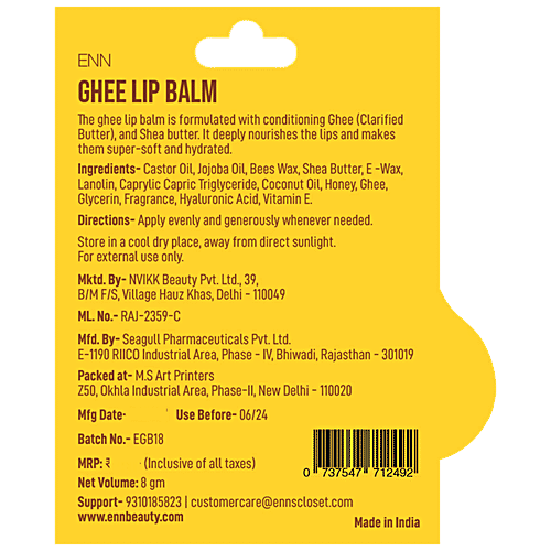 Buy ENN Ghee Lip Balm With Honey & Vitamin E, 24 Hours Hydration, For