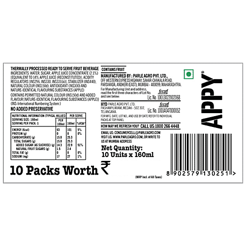 Appy Apple Juice Drink - Ready To Serve Fruit Beverage, 160 ml (Pack of 10) 
