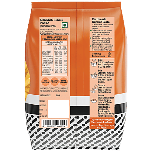 Earthmade Organic Penne Pasta - Rich In Protein, 500 g Pouch 