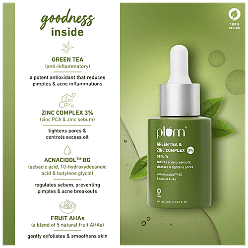 Plum Green Tea & Zinc Complex 3% Serum - With AcnacidolTM BG & Natural AHAs, Fights Pimples & Tightens Pores, 30 ml