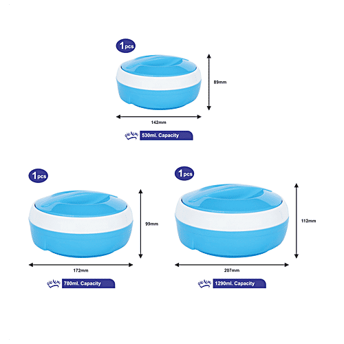 Princeware Casserole Set - Inner Steel, Insulated, Blue, Solar, 3 pcs 530 ml, 780 ml, 1.29 l