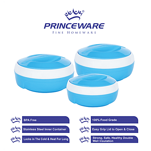 Princeware Casserole Set - Inner Steel, Insulated, Blue, Solar, 3 pcs 530 ml, 780 ml, 1.29 l