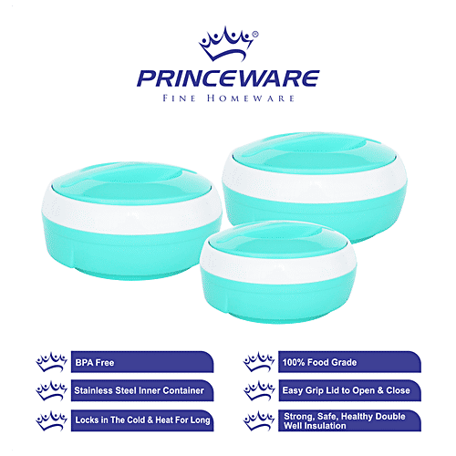 Princeware Casserole Set, Inner Steel, Insulated, Green, Solar, 3 pcs 530 ml, 780 ml, 1.29 l