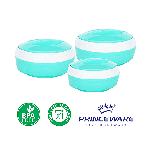 Princeware Casserole Set, Inner Steel, Insulated, Green, Solar, 3 pcs 530 ml, 780 ml, 1.29 l