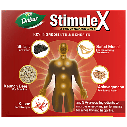 Dabur Stimulex Capsules - 14 Powerful Ayurvedic Ingredients, For Stamina, Vitality, Stress Relief, 12 pcs Box