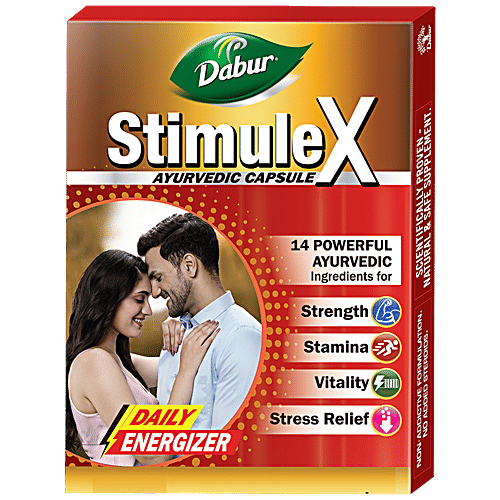 Dabur Stimulex Capsules - 14 Powerful Ayurvedic Ingredients, For Stamina, Vitality, Stress Relief, 12 pcs Box