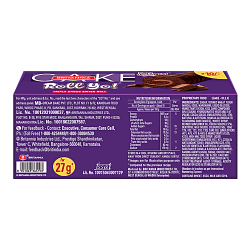 Britannia Cake Roll Yo ! - Swiss Roll, Triple Choco, Fluffy, Spongy, Delightful Taste, 405 g  